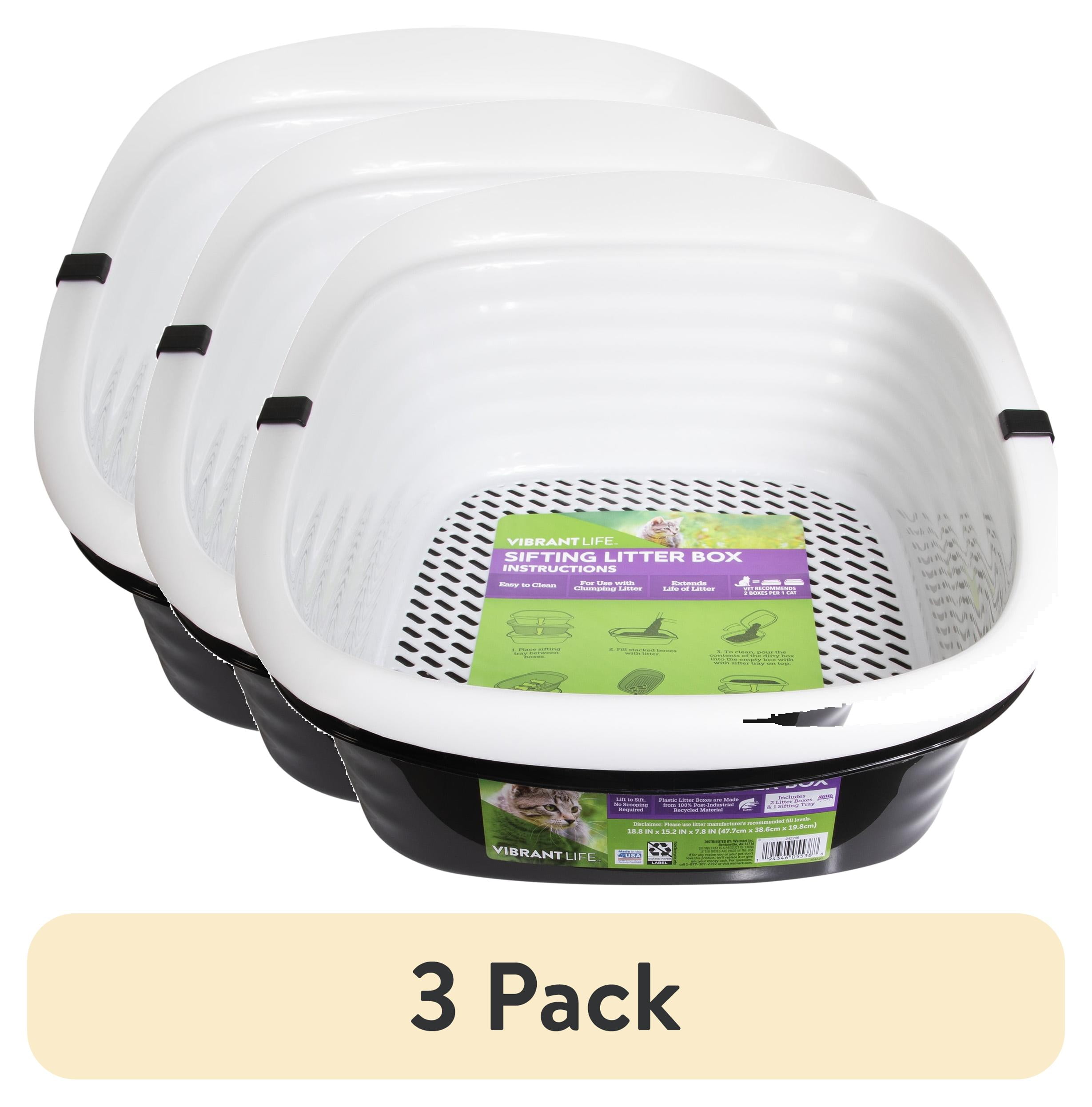 (3 pack) Vibrant Life Sifting Cat Litter Box with 2 Open Top Plastic Pans and Sifting Tray, Large, Black