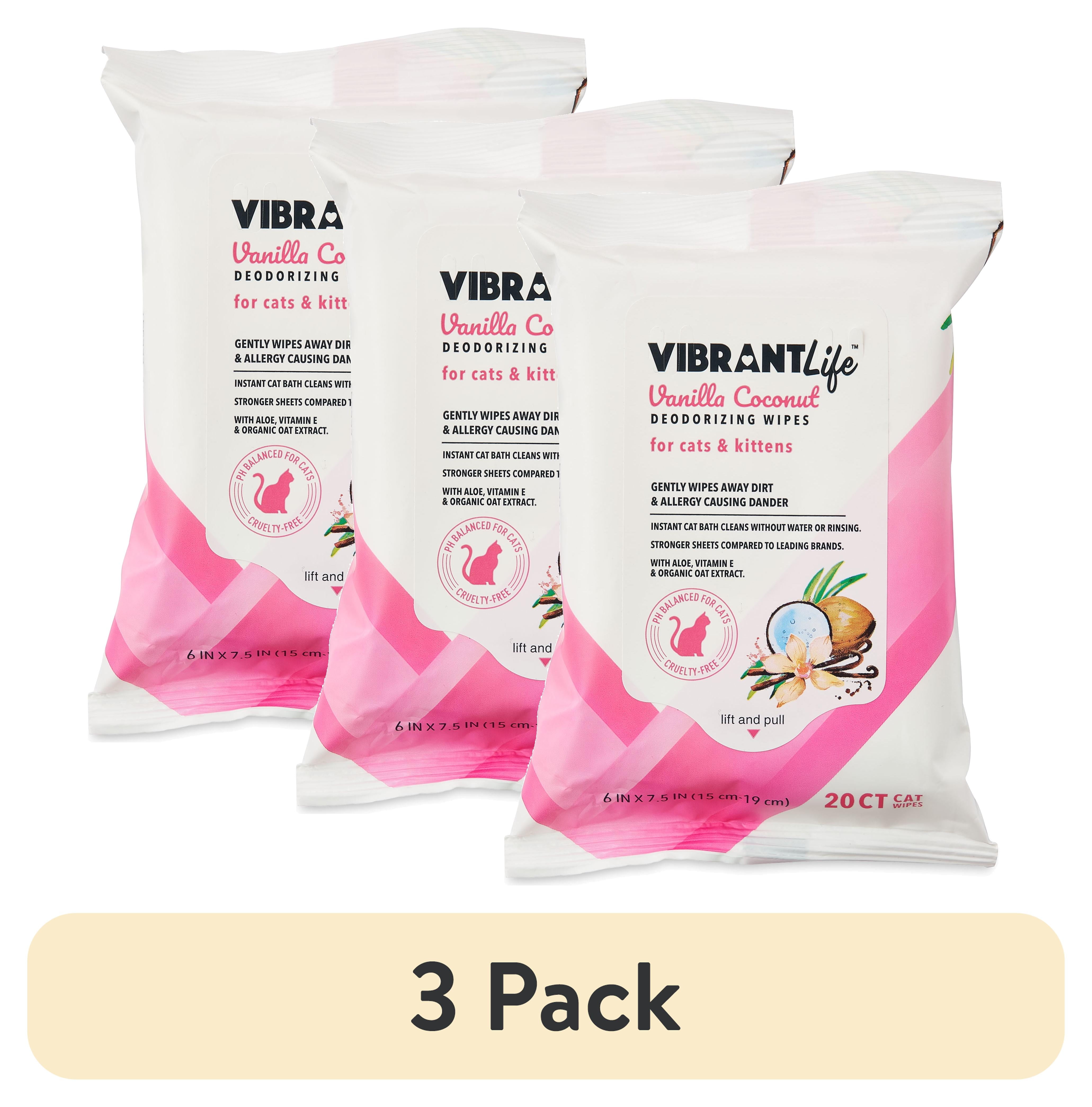 (3 pack) Vibrant Life Vanilla Coconut Deodorizing Wipes for Cats & Kittens, 20 Count
