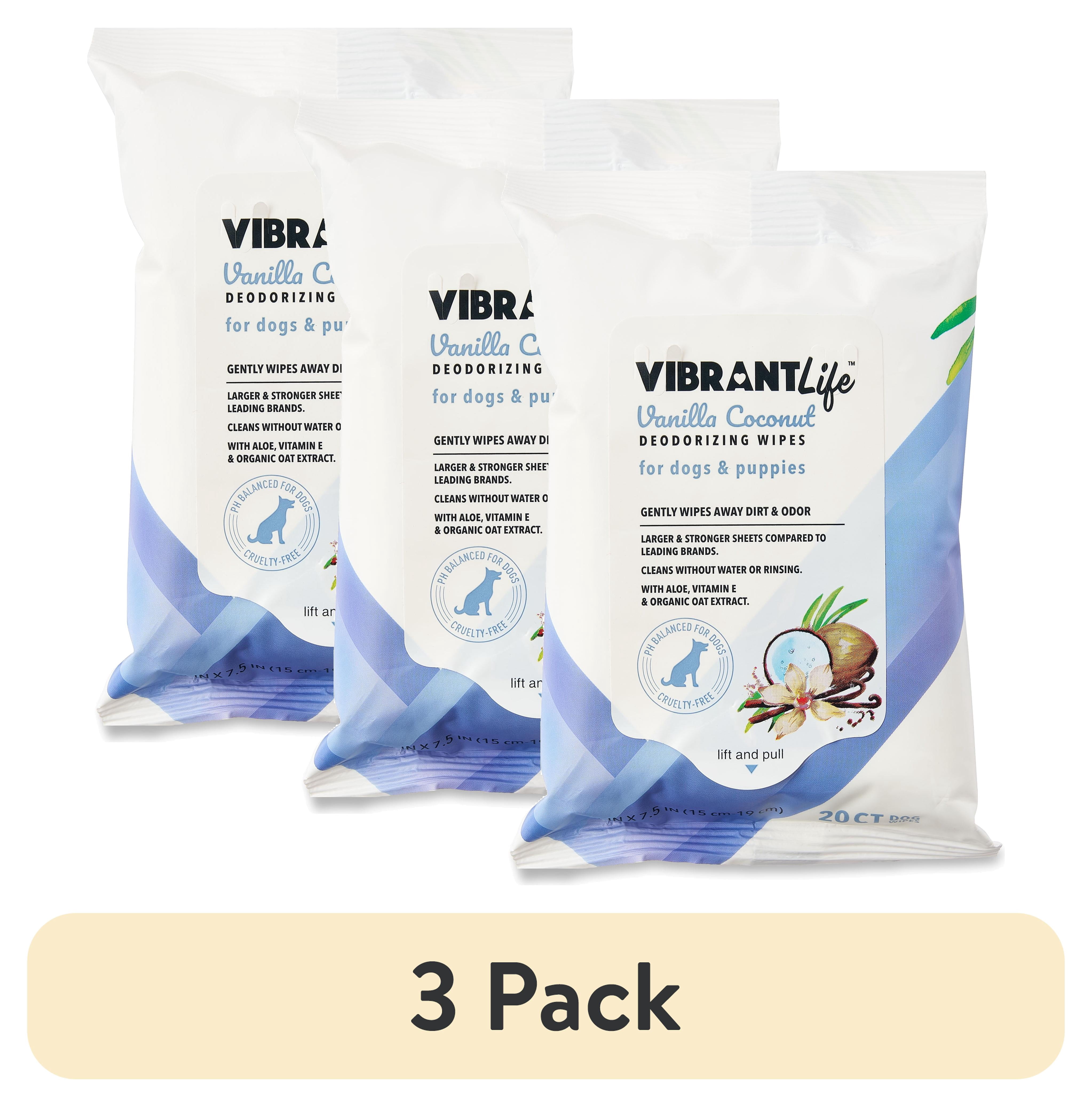 (3 pack) Vibrant Life Vanilla Coconut Deodorizing Wipes for Dogs & Puppies, 20 Count