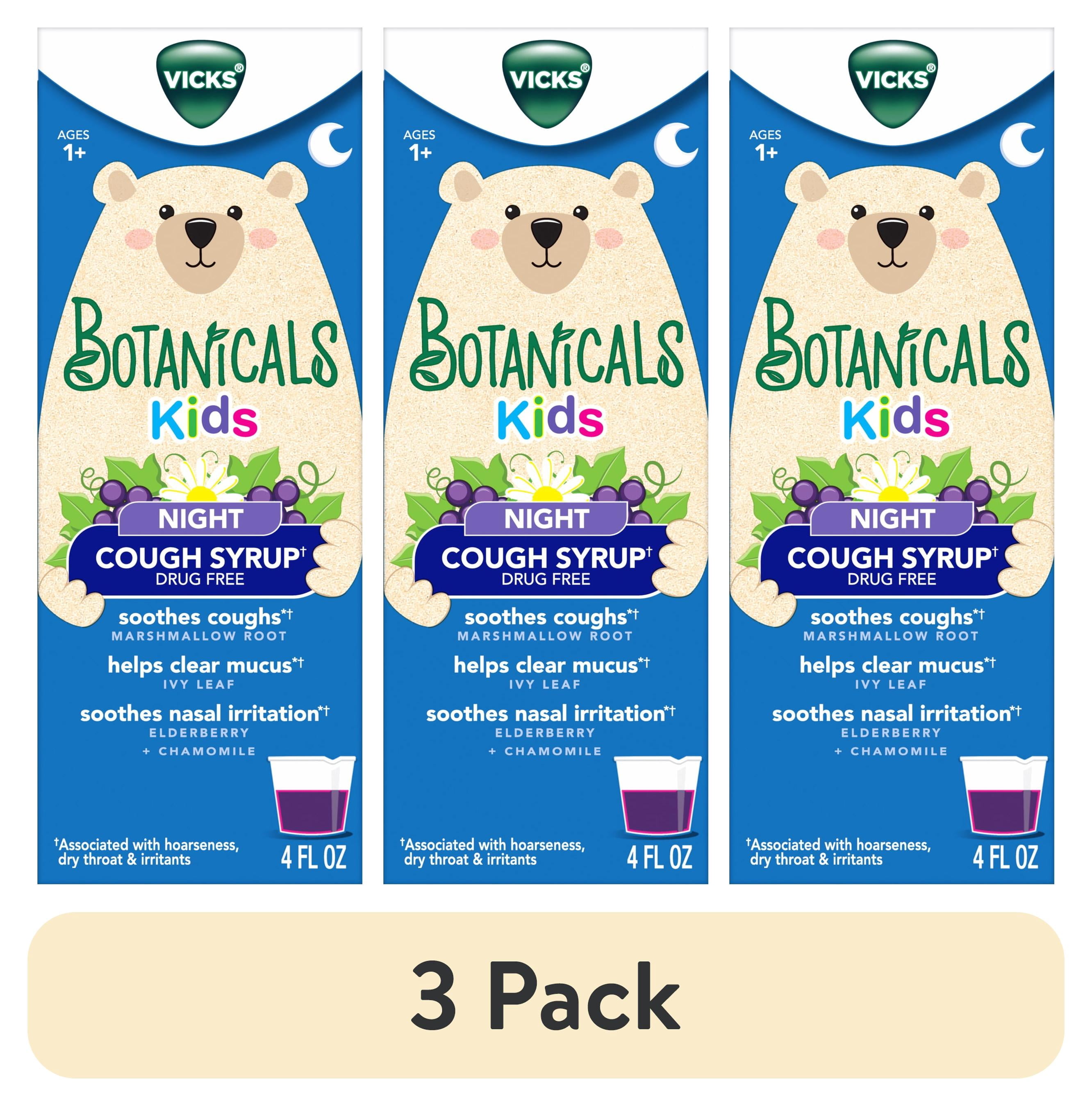(3 pack) Vicks Botanicals Kids Drug-Free Nighttime Cough Syrup, Berry Flavor, 4 fl oz, Ages 1+