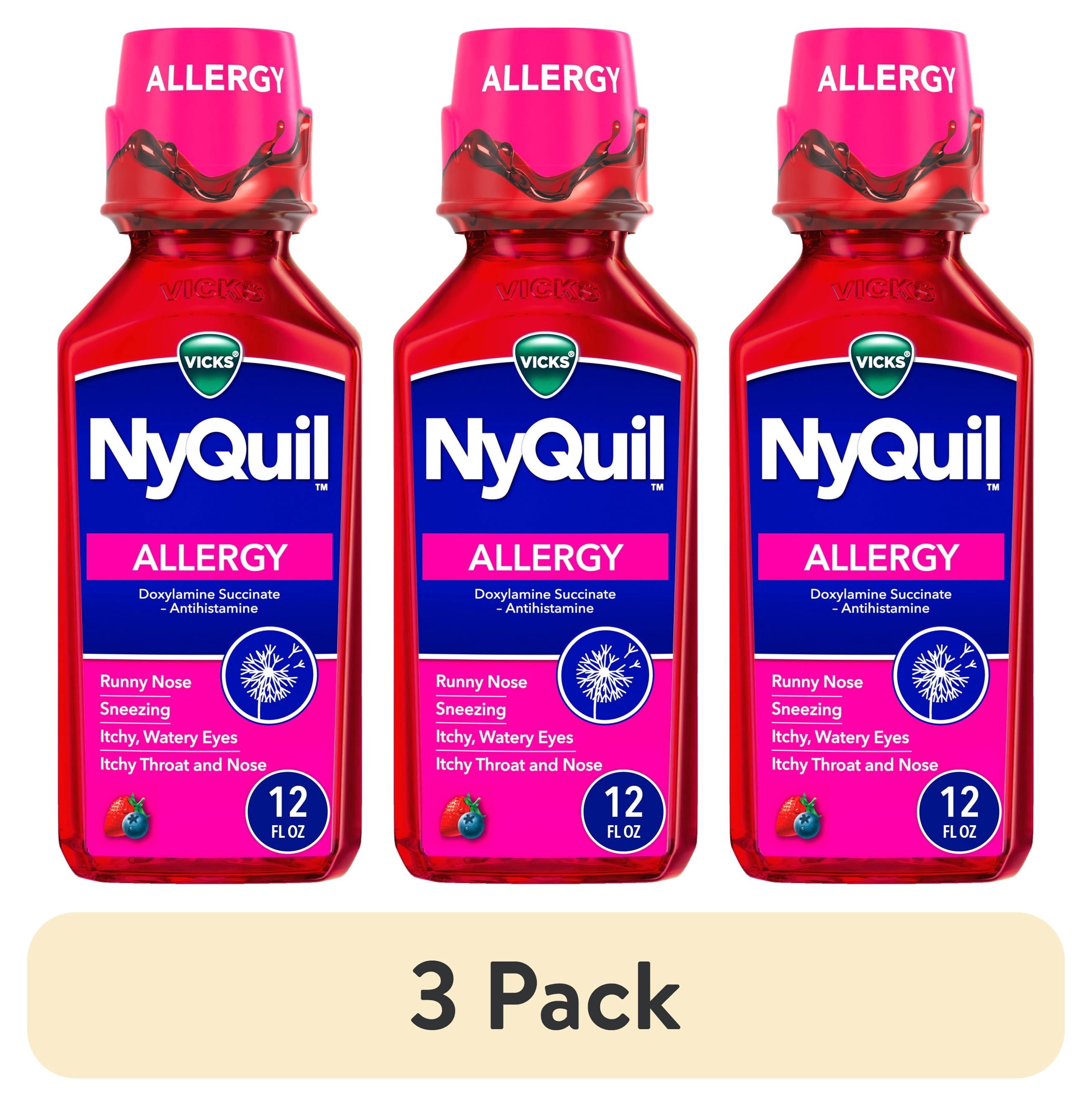 (3 pack) Vicks NyQuil Allergy Liquid, Nighttime Allergy Medicine for Adults, Berry, 12 fl oz