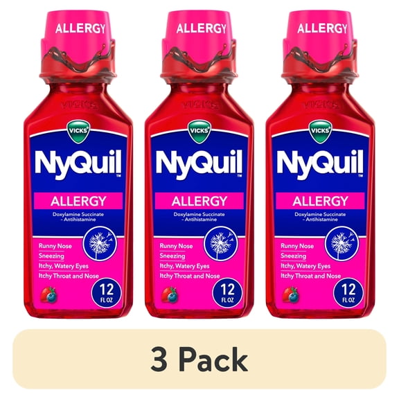 (3 pack) Vicks NyQuil Allergy Liquid, Nighttime Allergy Medicine for Adults, Berry, 12 fl oz