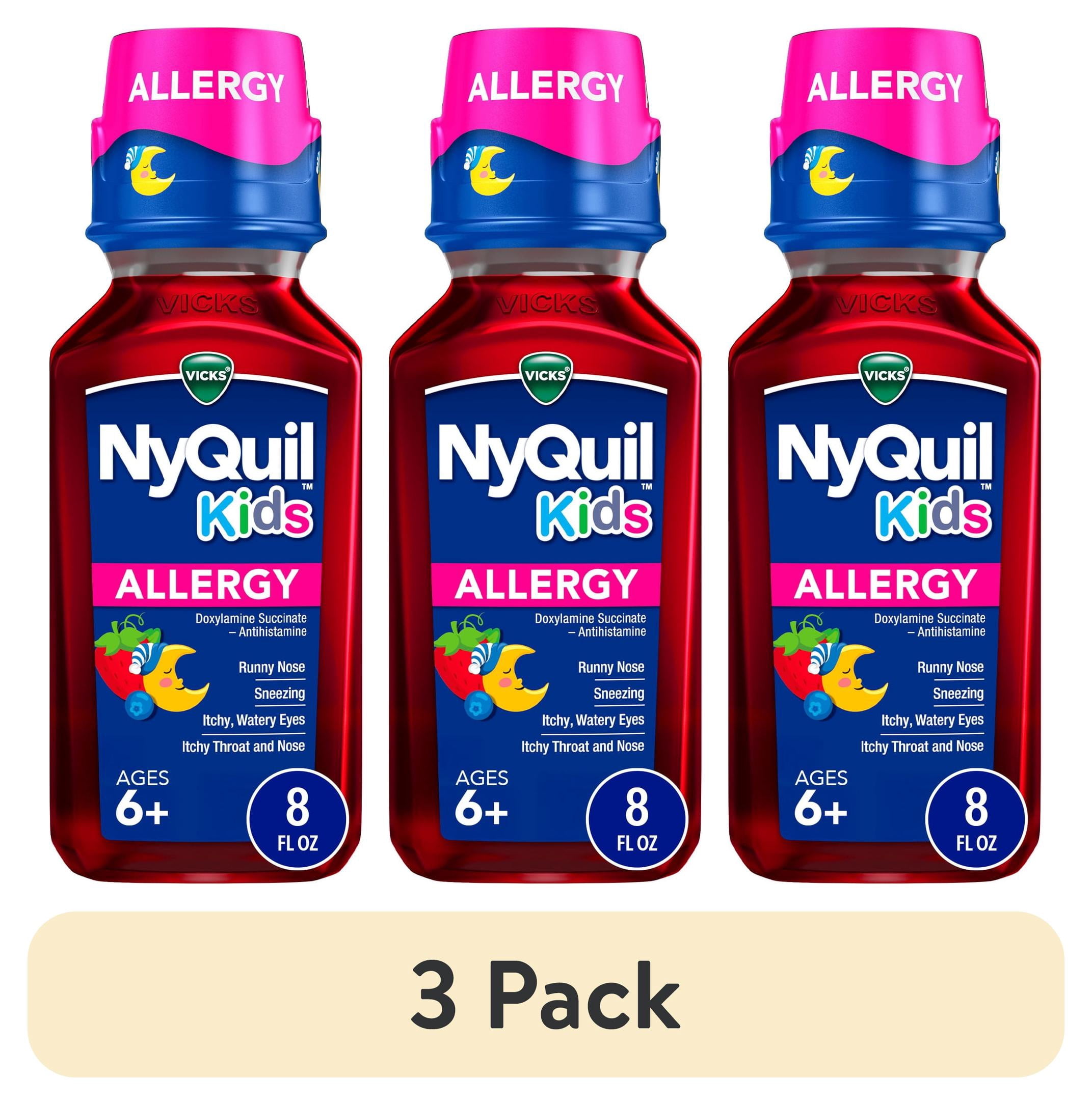 (3 pack) Vicks NyQuil Kids Allergy Liquid, Nighttime Allergy Medicine for Children, Berry, 8 fl oz