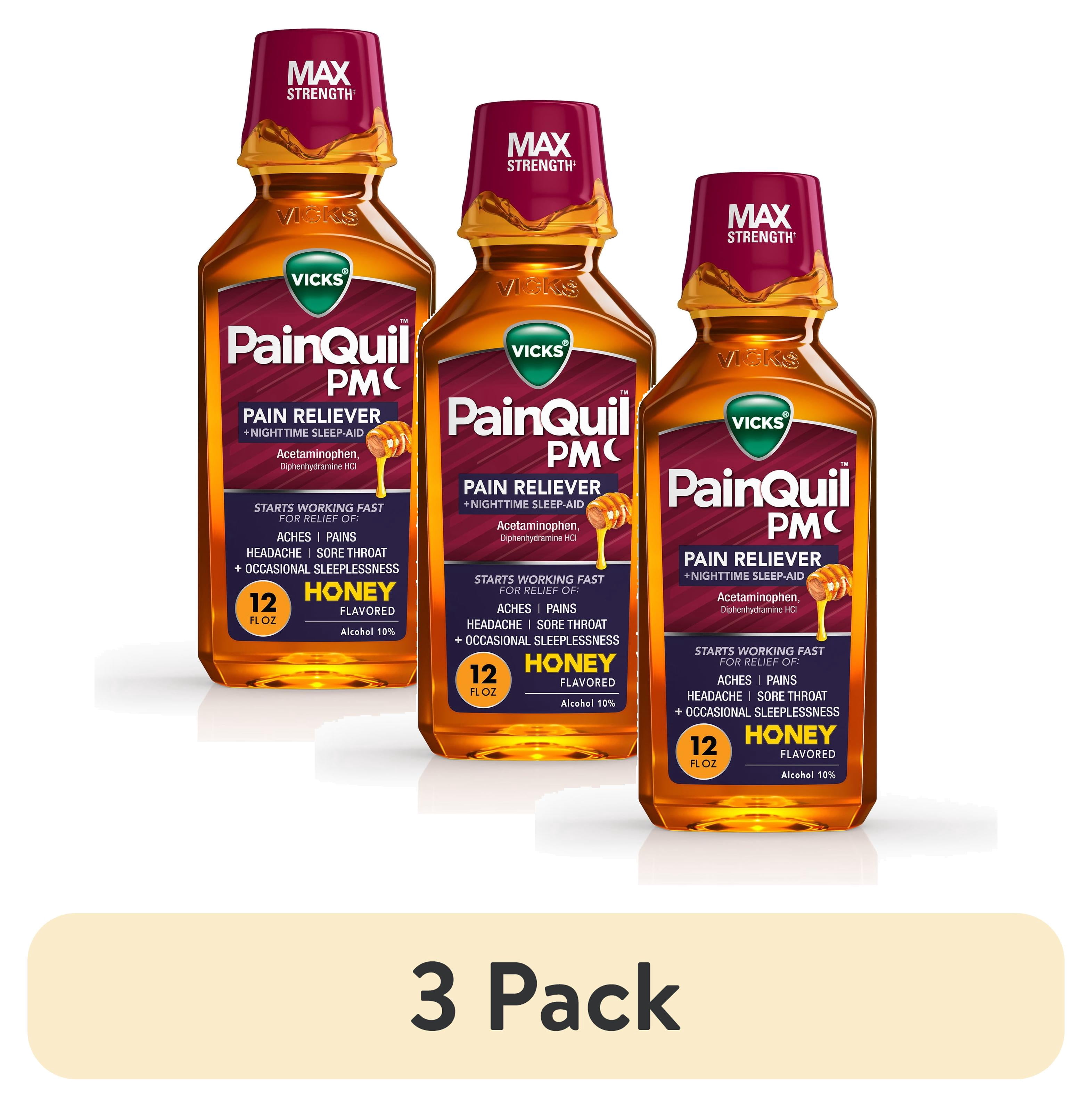 (3 pack) Vicks PainQuil PM Pain Relief and Sleep Aid Liquid, Acetaminophen 1000mg, Honey, 12 fl oz