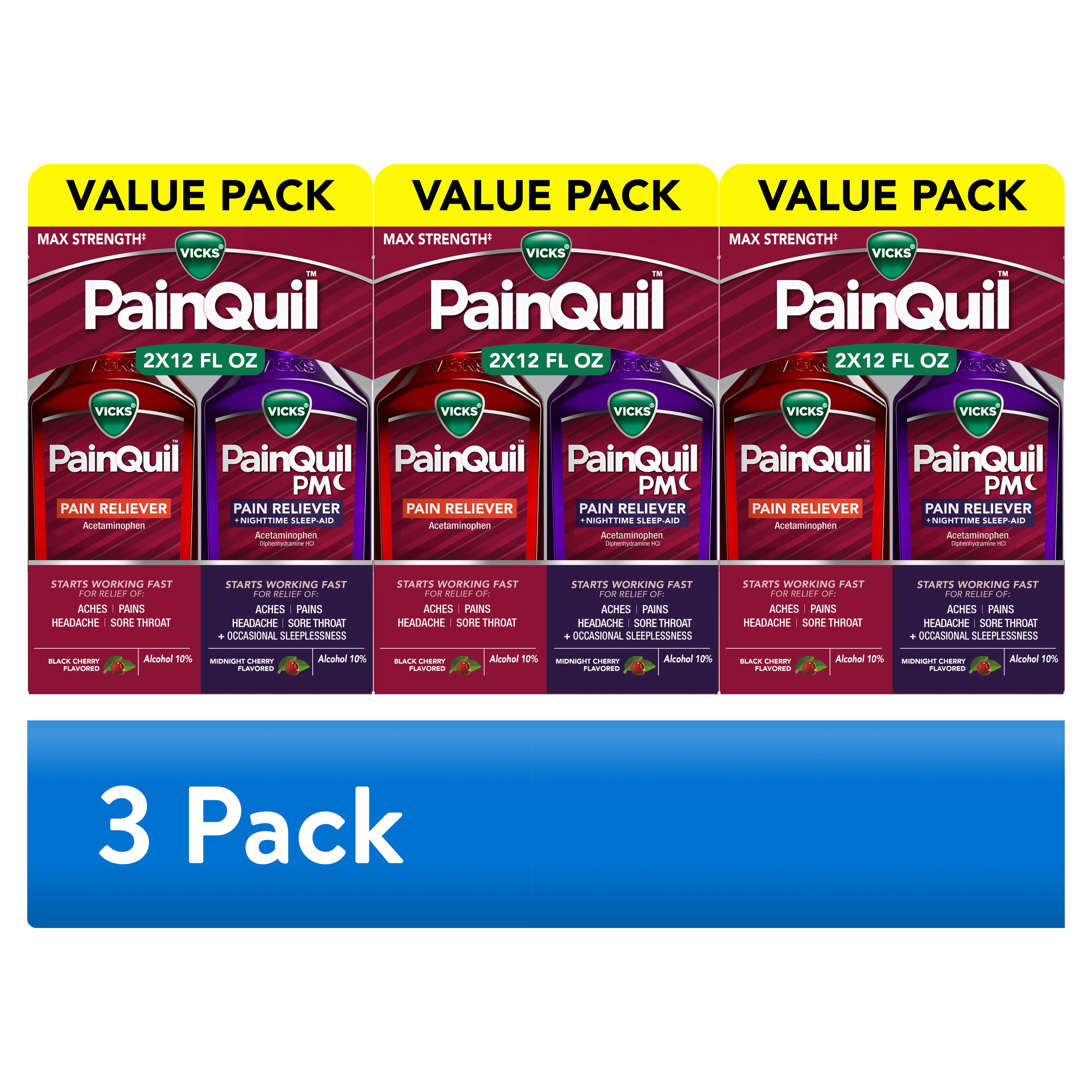 (3 pack) Vicks PainQuil Pain Relief Liquid Acetaminophen 1000mg Day/Night Combo 2x12 fl oz