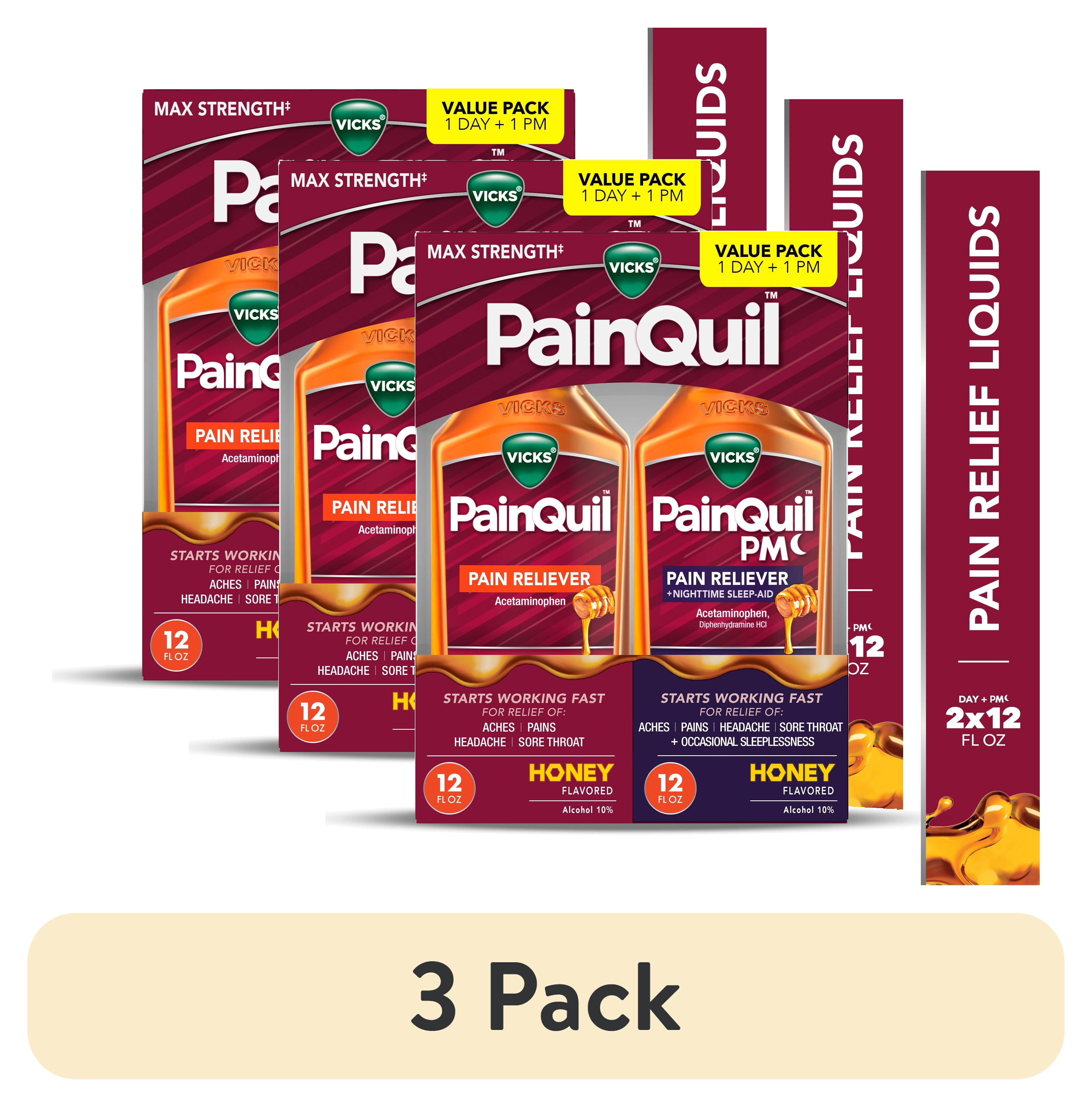 (3 pack) Vicks PainQuil Pain Relief and Nighttime Sleep Aid Liquids, Acetaminophen 1000mg, Honey, 2x12oz