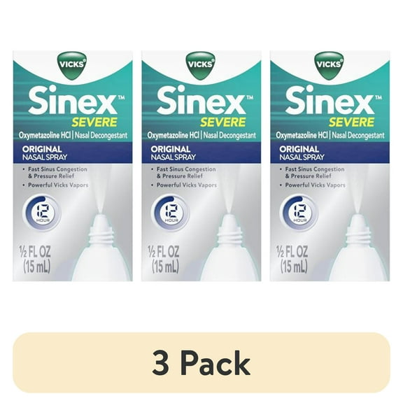(3 pack) Vicks Sinex Severe Original Nasal Spray, Decongestant Medicine, Relief from Stuffy Nose due to Cold or Allergy, & Nasal Congestion, Sinus Pressure Relief, 0.5 fl oz