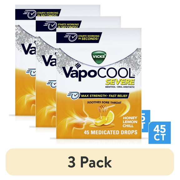 (3 pack) Vicks VapoCool Severe Medicated Sore Throat Drops, Menthol, Honey Lemon, 45ct