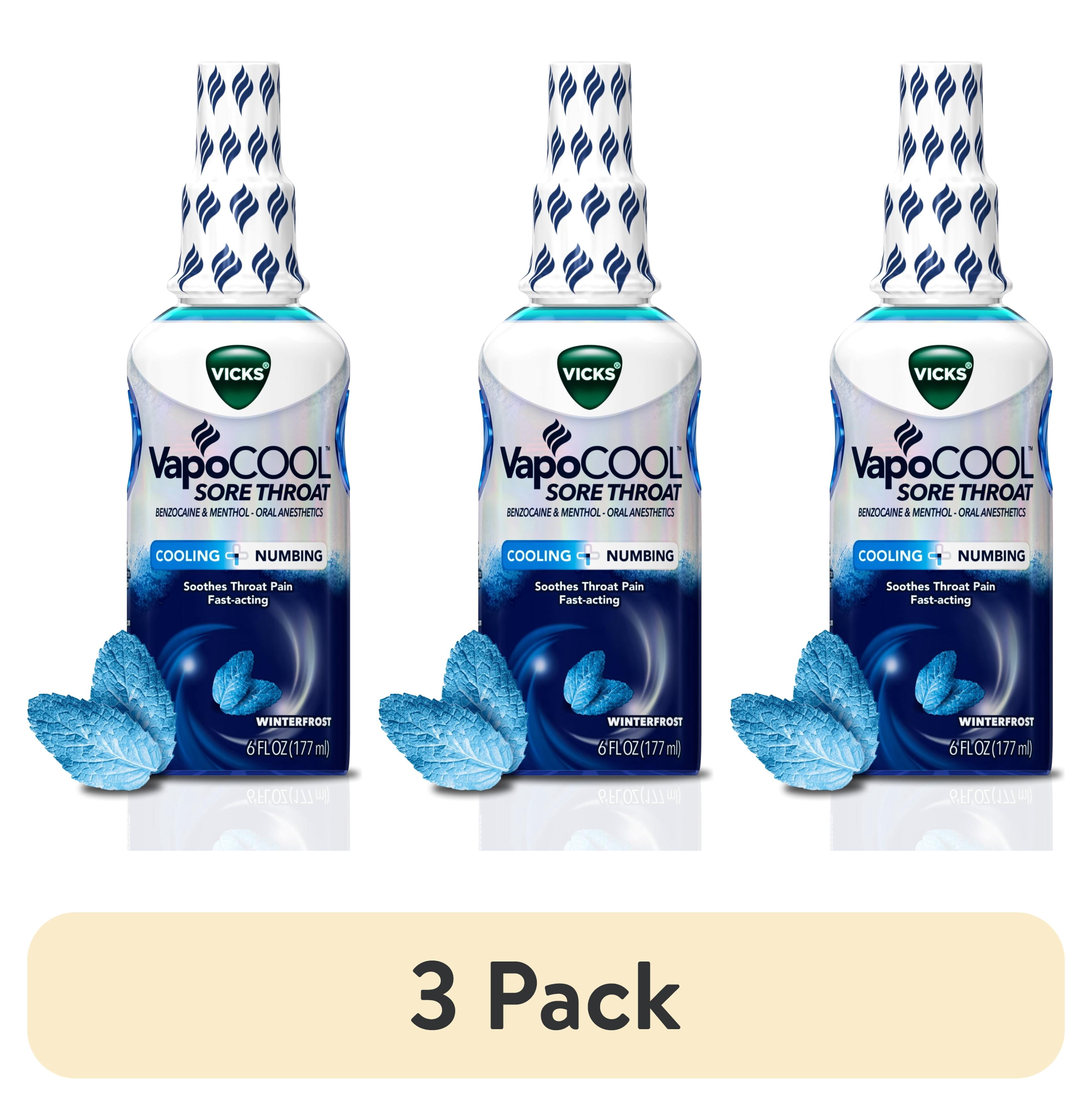 (3 pack) Vicks VapoCool Sore Throat Spray, Benzocaine & Menthol, Over-the-Counter Medicine, Winterfrost, 6 fl oz