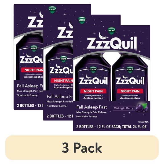 (3 pack) ZzzQuil Liquid, Pain Reliever, Sleep Aid, Acetaminophen 1000mg, Diphenhydramine 50mg HCI, Midnight Berry Flavored, 2 Pack, 24 FL OZ