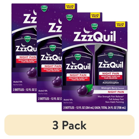 (3 pack) ZzzQuil Liquid Pain Reliever Sleep Aid, Acetaminophen 1000mg, Diphenhydramine 50mg HCI, Midnight Berry Flavor, 2 Pack, 24 fl oz