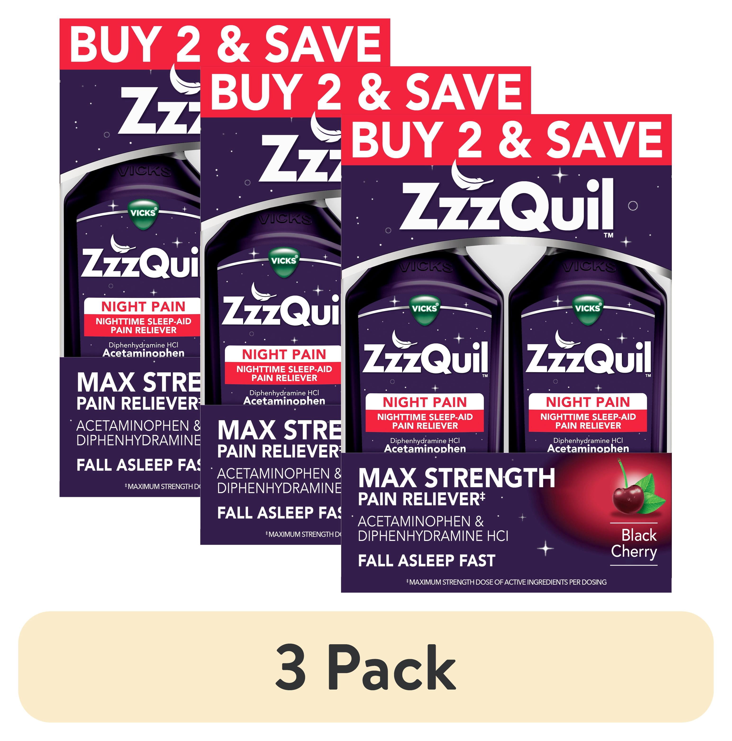 (3 pack) ZzzQuil Liquid Pain Reliever, Sleep Aid, Black Cherry Flavored, 2 Pack, 24 fl oz