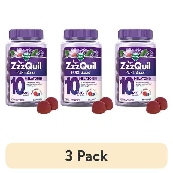 (3 pack) ZzzQuil PURE Zzzs Melatonin Advanced Sleep Aid Gummies, 10mg, Berry Flavored, 60 Count