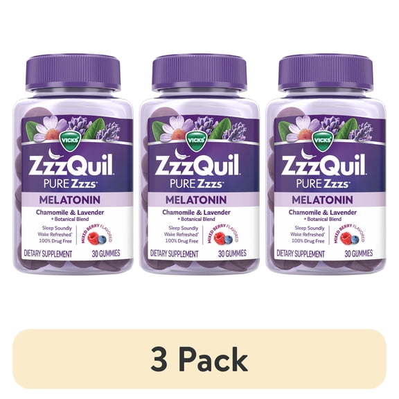 (3 pack) ZzzQuil PURE Zzzs Melatonin Gummies, Sleep Aid, Melatonin 2mg, Wildberry Vanilla Flavored 30 Sleep Gummies