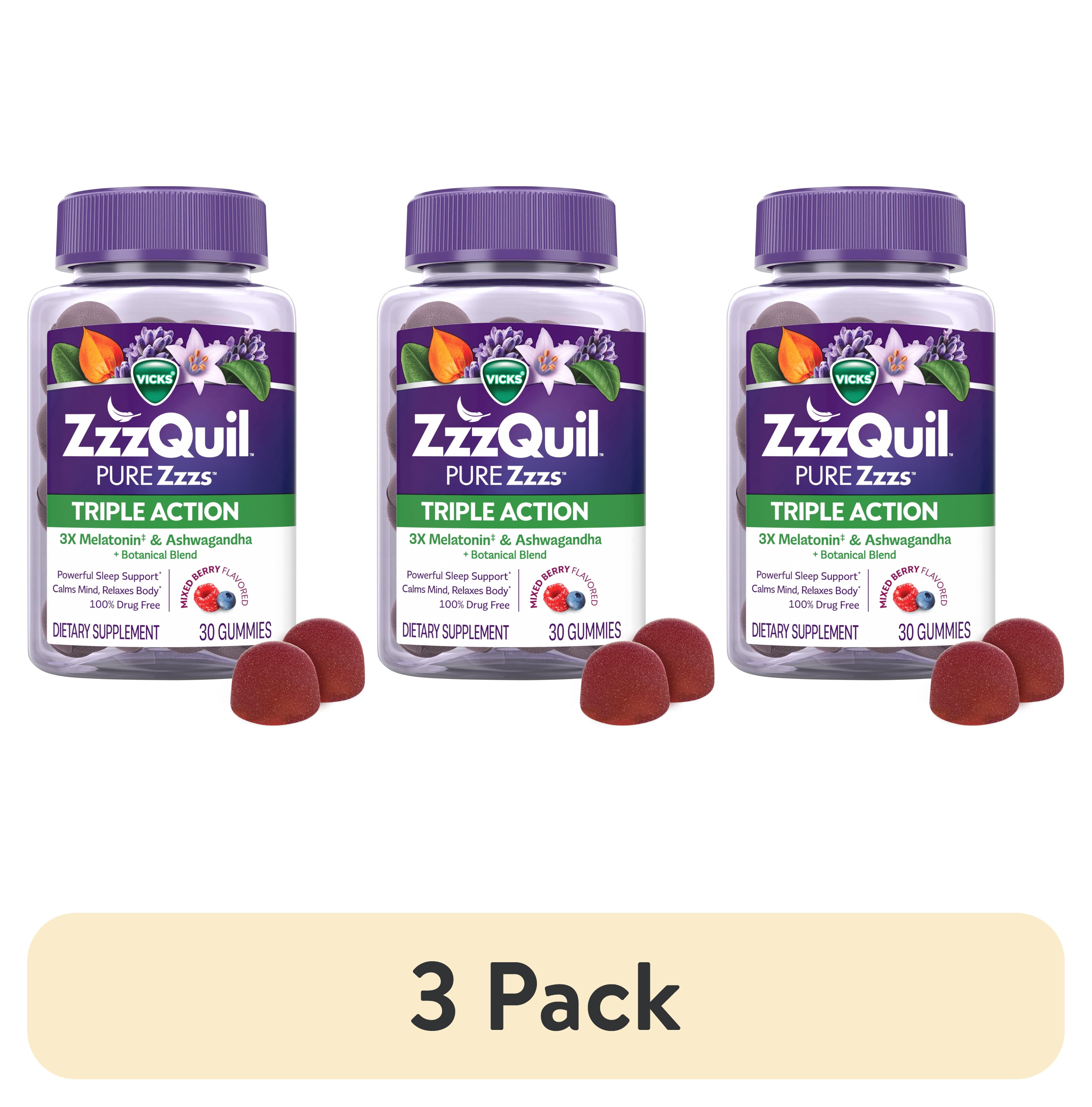 (3 pack) ZzzQuil PURE Zzzs Melatonin Triple Action with Ashwagandha, Melatonin 6mg, 30 Gummies