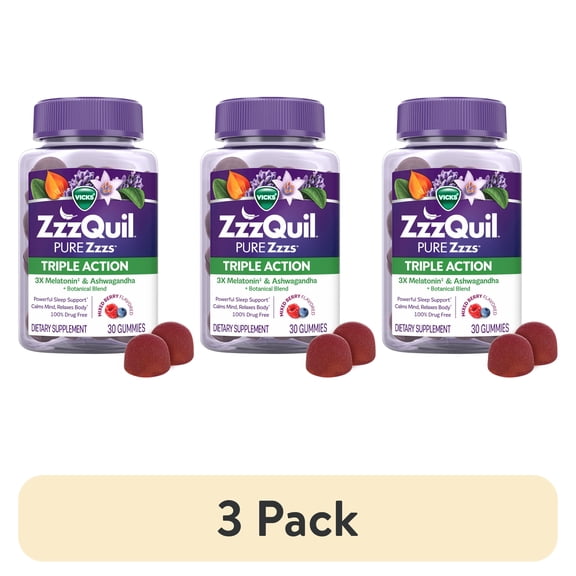 (3 pack) ZzzQuil PURE Zzzs Melatonin Triple Action with Ashwagandha, Melatonin 6mg, 30 Gummies