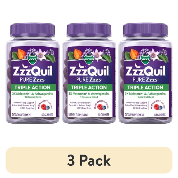 (3 pack) ZzzQuil PURE Zzzs Melatonin Triple Action with Ashwagandha, Melatonin 6mg, 60 Gummies