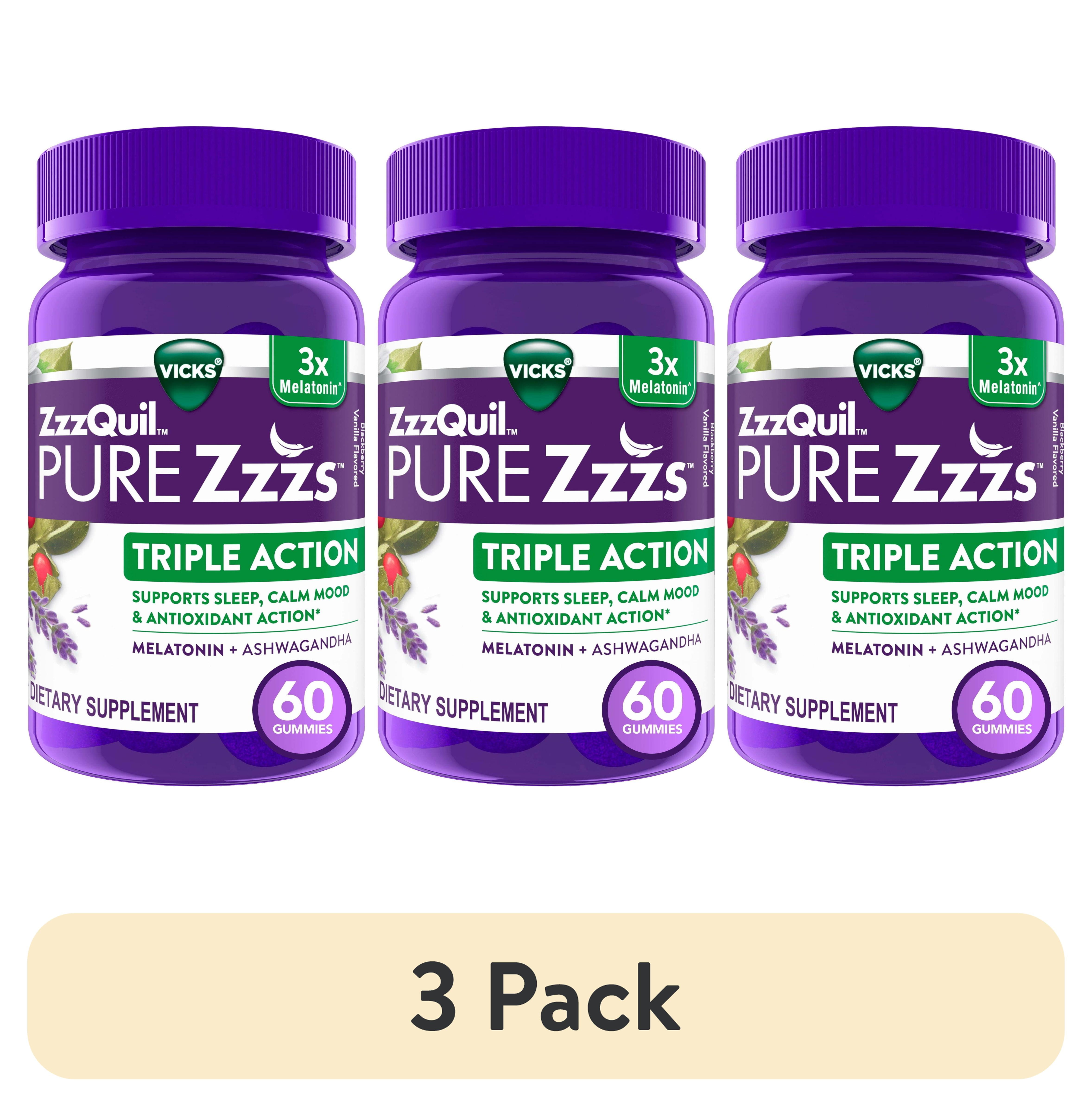 (3 pack) Vicks ZzzQuil Pure Zzzs Triple Action Sleep Aid Melatonin Gummies, Melatonin 6mg, 60 Count