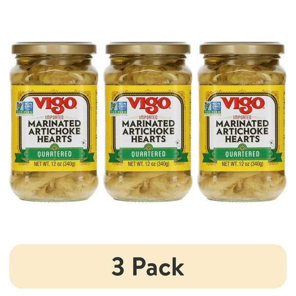 (3 pack) Vigo Quartered Marinated Artichoke Hearts 12 oz. Glass Jar