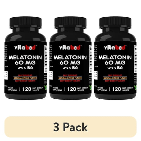 (3 pack) Vitabod Melatonin 60mg with B6 - 120 Fast Dissolve Tablets - Drug Free - Natural Citrus Flavor - Vegetarian, Non-GMO, Gluten Free