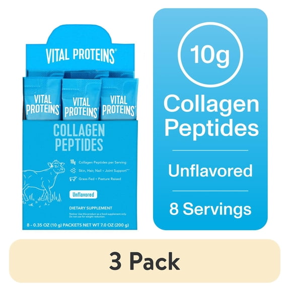 (3 pack) Vital Proteins Collagen Peptides Powder Stick Packs for Joints, Hair, Skin and Nails, Unflavored Collagen Support, 8 Count