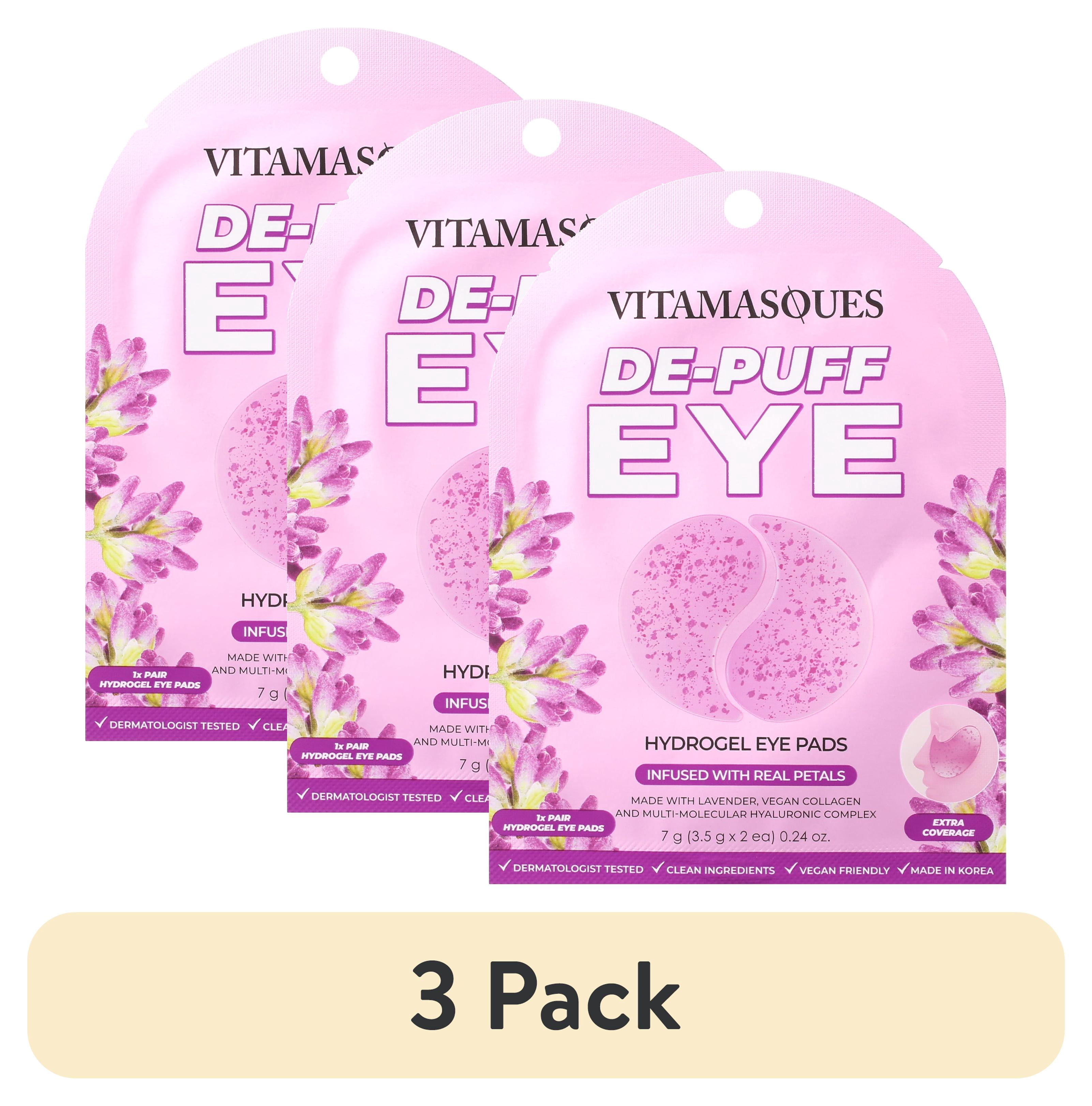 (3 pack) Vitamasques De-Puff Hydrogel Eye Pads, with Lavender & Vegan Collagen, 1 Pair