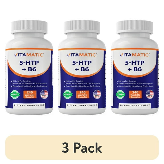 (3 pack) Vitamatic 5-HTP 200mg with B6 5mg Per Serving - 240 Vegetarian Capsules (5-Hydroxytryptophan) - (Griffonia Simplicifolia Seed Extract)