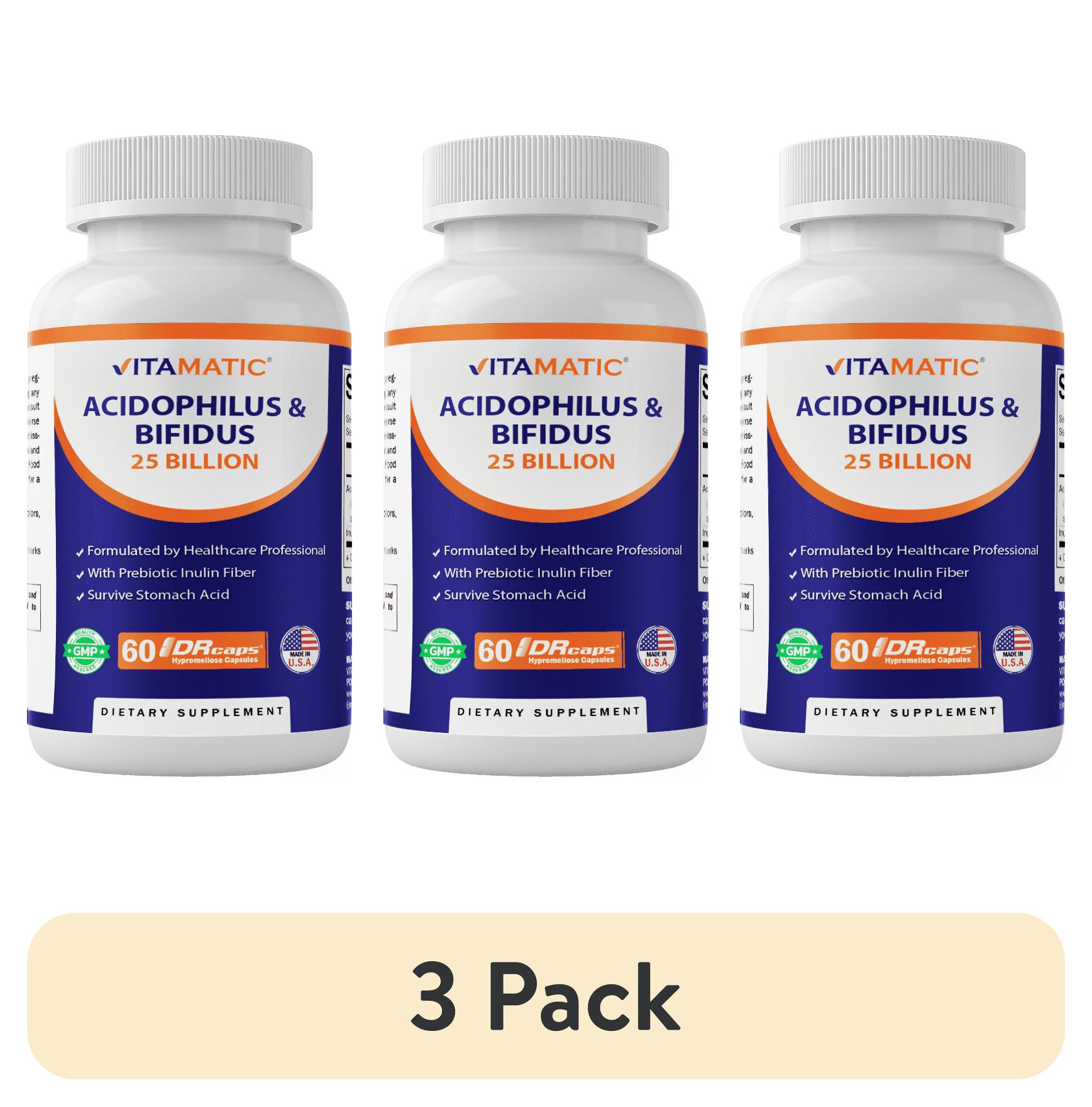 (3 pack) Vitamatic Acidophilus Bifidus 25 Billion DR Capsule - 60 Count - Digestive Support - Made with Prebiotic Inulin Fiber