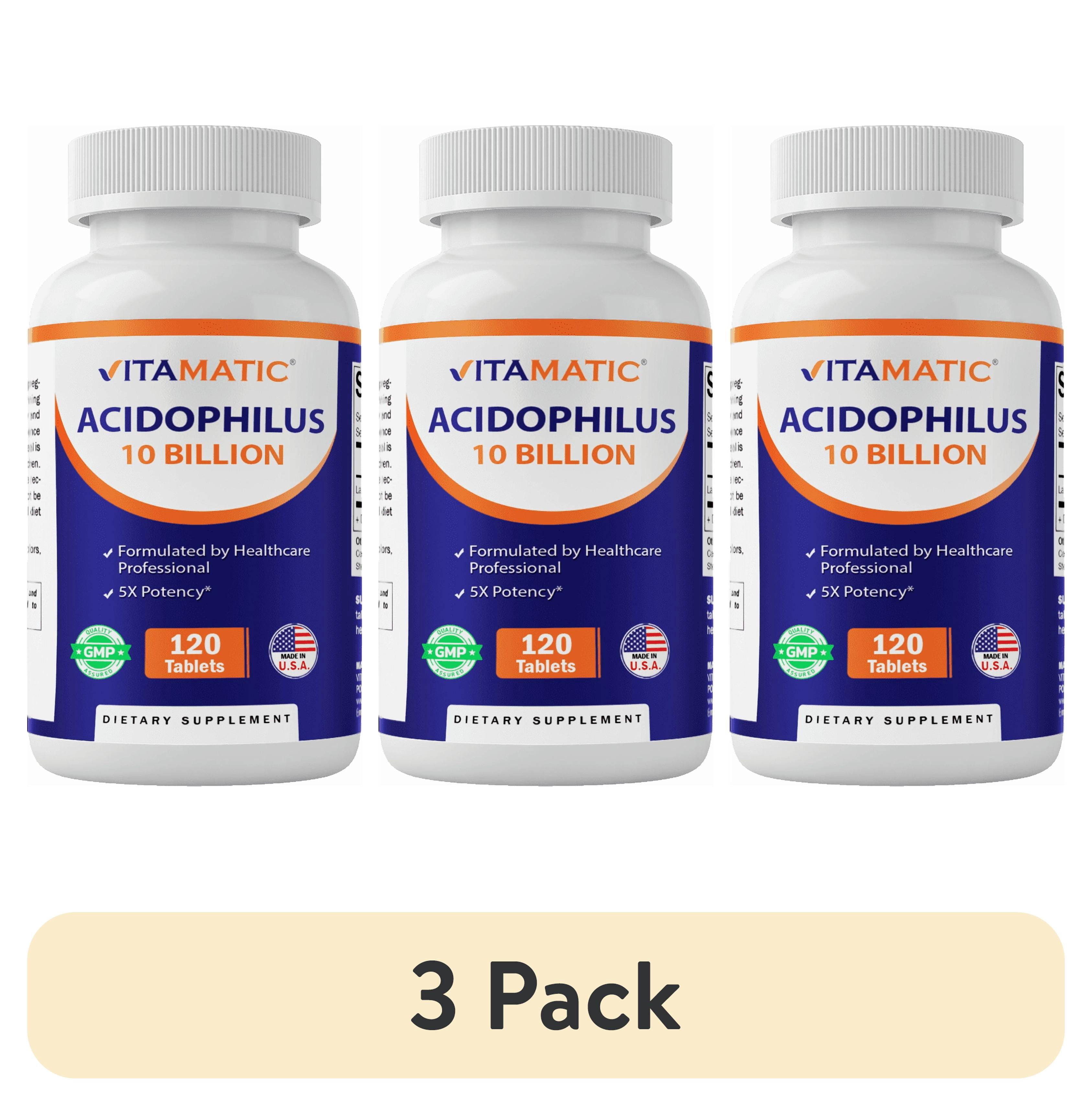 (3 pack) Vitamatic Acidophilus Probiotic - 10 Billion CFU - 5X Potency - Daily Probiotic Supplement, Supports Digestive Health - 120 Tablets
