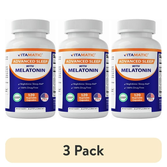 (3 pack) Vitamatic Advanced Sleep Aid with Melatonin - 120 Vegetable Capsules - Made with B6, Magnesium, L-Theanine, L-Tryptophan, 5-HTP, GABA, Valerian, Chamomile, Passion Flower, Ashwagandha & Black Pepper