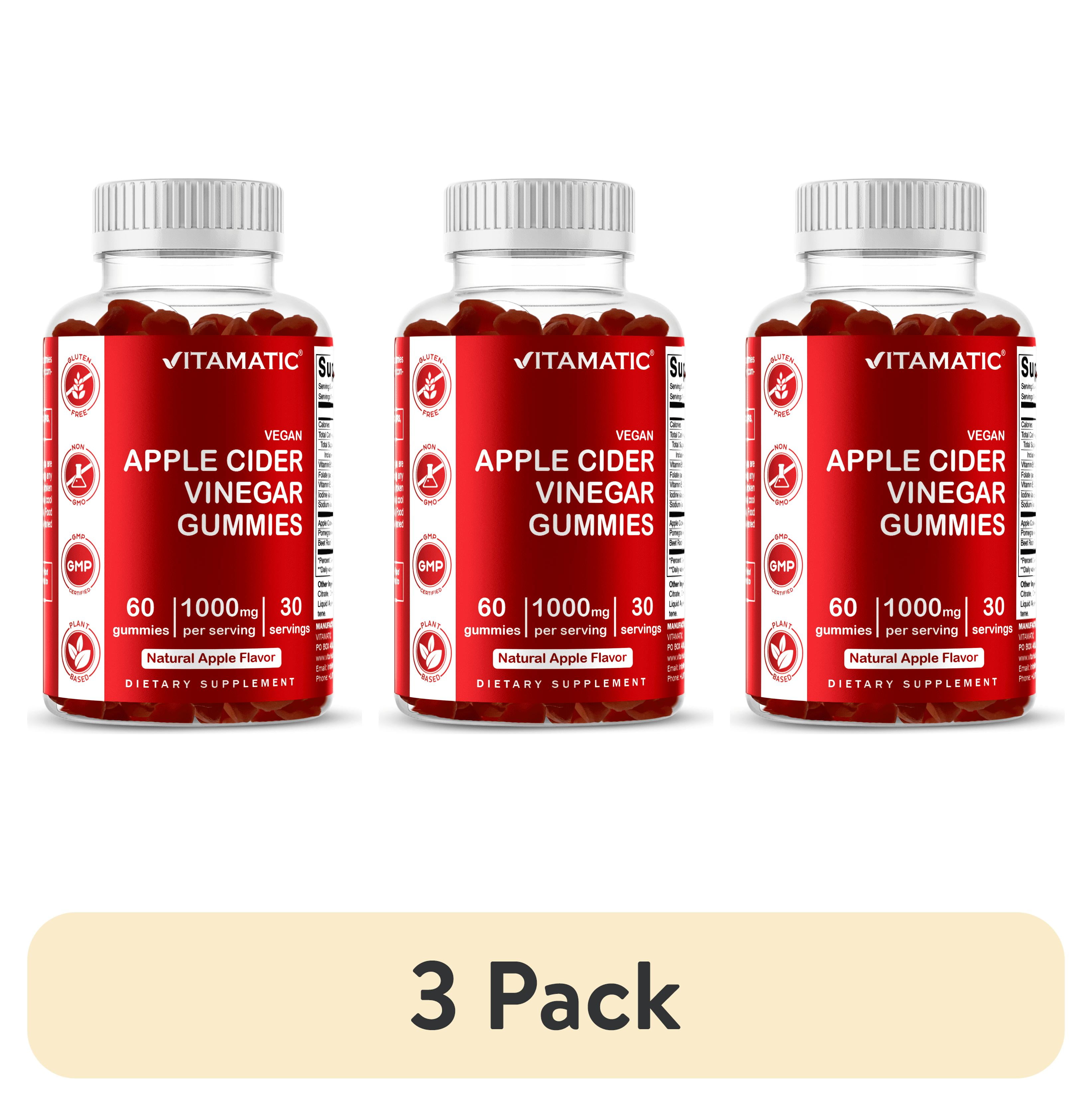 (3 pack) Vitamatic Apple Cider Vinegar Gummies - 1000mg per serving - 60 Vegan Gummies - ACV Gummies for Detox, Weight Loss Support, Energy Boost, Digestion & Gut Health