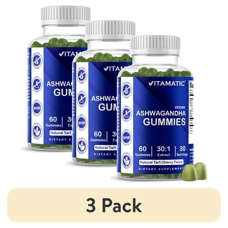 (3 pack) Vitamatic Ashwagandha Gummies 1500mg per Serving - 60 Vegan Gummies - 3% Withanolides - Promotes Stress Relief Naturally, Relaxation, Calmness & Immune Health