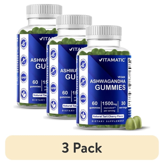 (3 pack) Vitamatic Ashwagandha Gummies 1500mg per Serving - 60 Vegan Gummies - 3% Withanolides - Promotes Stress Relief Naturally, Relaxation, Calmness & Immune Health