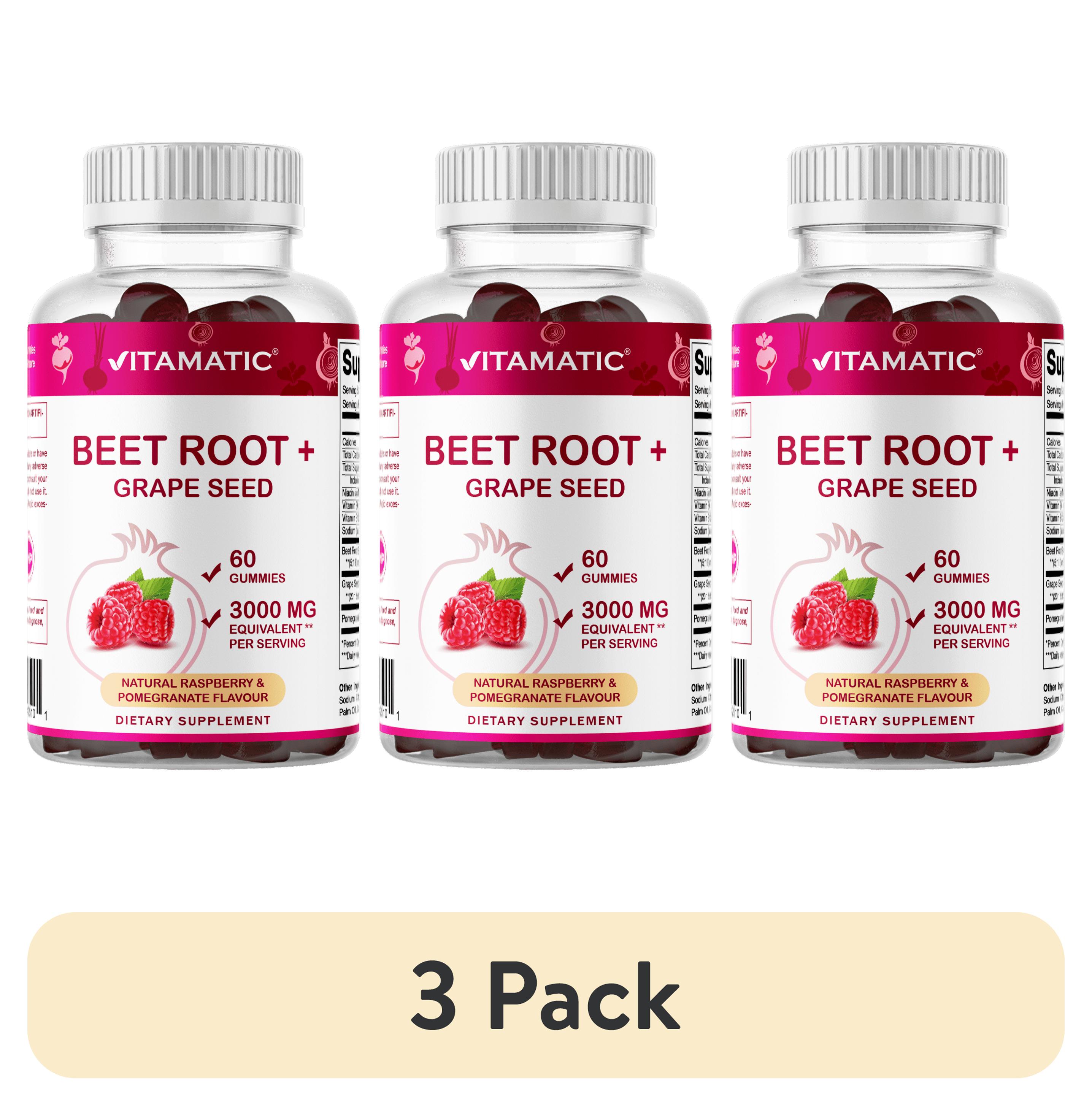 (3 pack) Vitamatic Beet Root Gummies 3000 mg Equivalent Per Serving - 60 Gummies - Made with Vitamin B6, B12, Grape Seed, Pomegranate & Nicotinamide