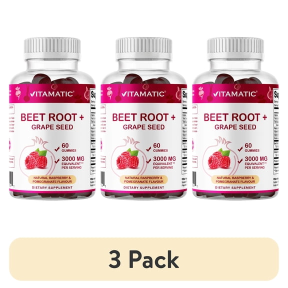 (3 pack) Vitamatic Beet Root Gummies 3000 mg Equivalent Per Serving - 60 Gummies - Made with Vitamin B6, B12, Grape Seed, Pomegranate & Nicotinamide
