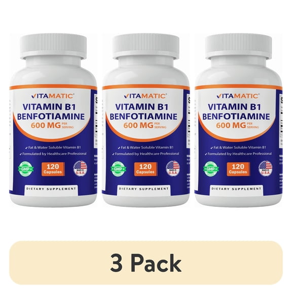 (3 pack) Vitamatic Benfotiamine 300mg + Vitamin B1 300 mg - 120 Vegetable Capsules - Made in The USA - Gluten Free - Non-GMO