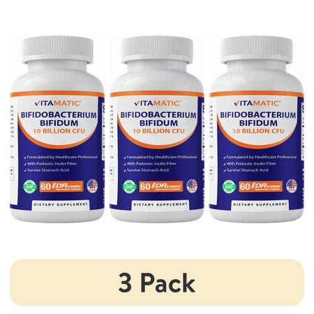 (3 pack) Vitamatic Bifidobacterium Bifidum - 10 Billion per DR Capsule - 60 Count - Digestive Support - Made with Prebiotic Inulin Fiber