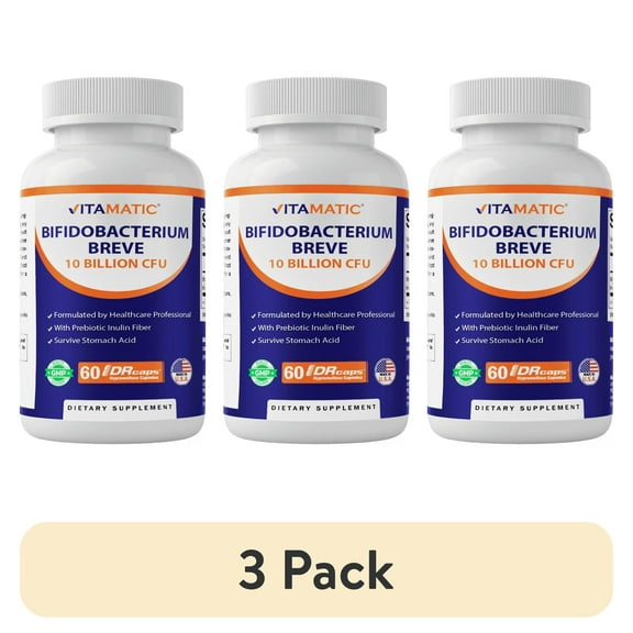 (3 pack) Vitamatic Bifidobacterium Breve - 10B per DR Capsule - 60 Count - Digestive Support - Made with Prebiotic Inulin Fiber