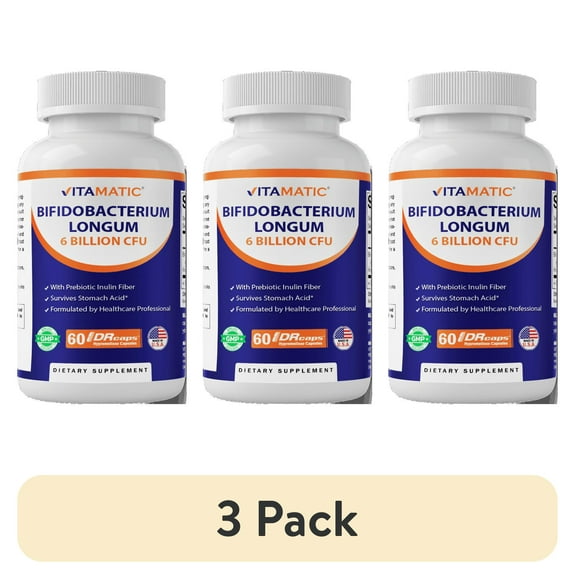 (3 pack) Vitamatic Bifidobacterium Longum 6 Billion CFU per DR Capsule - 60 Count - Promotes Intestinal Health - Made with Prebiotic Inulin Fiber- 2 Pack
