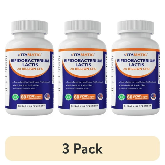 (3 pack) Vitamatic Bifidobacterium lactis - 20 Billion per DR Capsule - 60 Count - Digestive Support - Made with Prebiotic Inulin Fiber