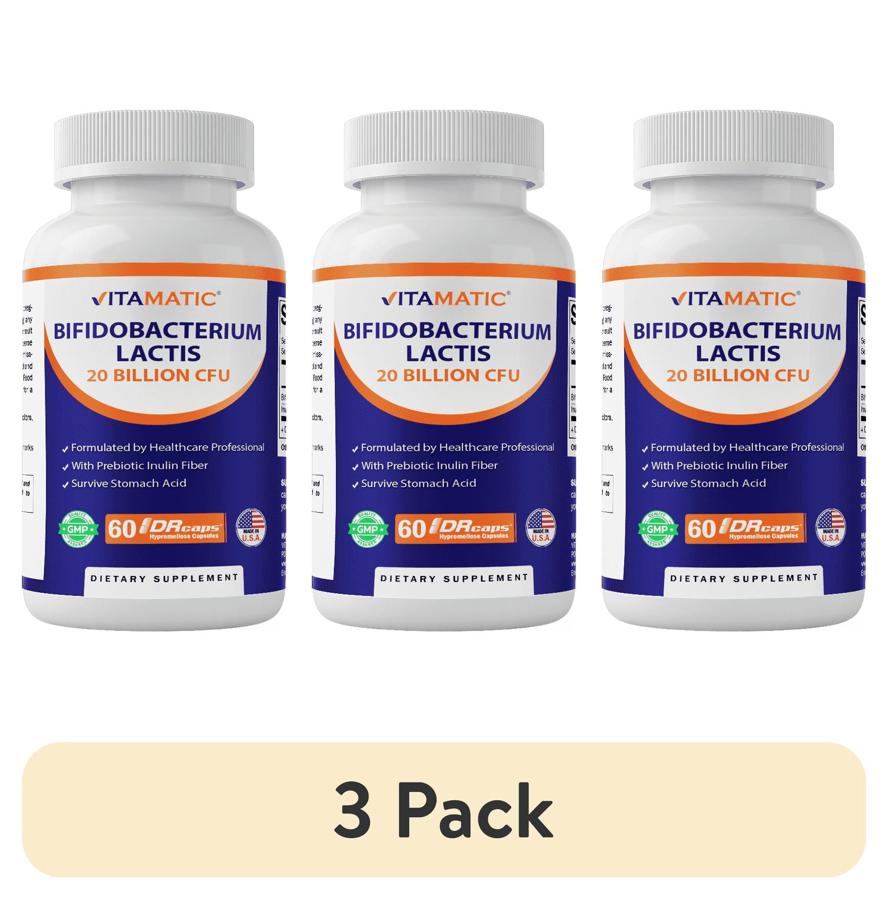(3 pack) Vitamatic Bifidobacterium lactis - 20 Billion per DR Capsule - 60 Count - Digestive Support - Made with Prebiotic Inulin Fiber