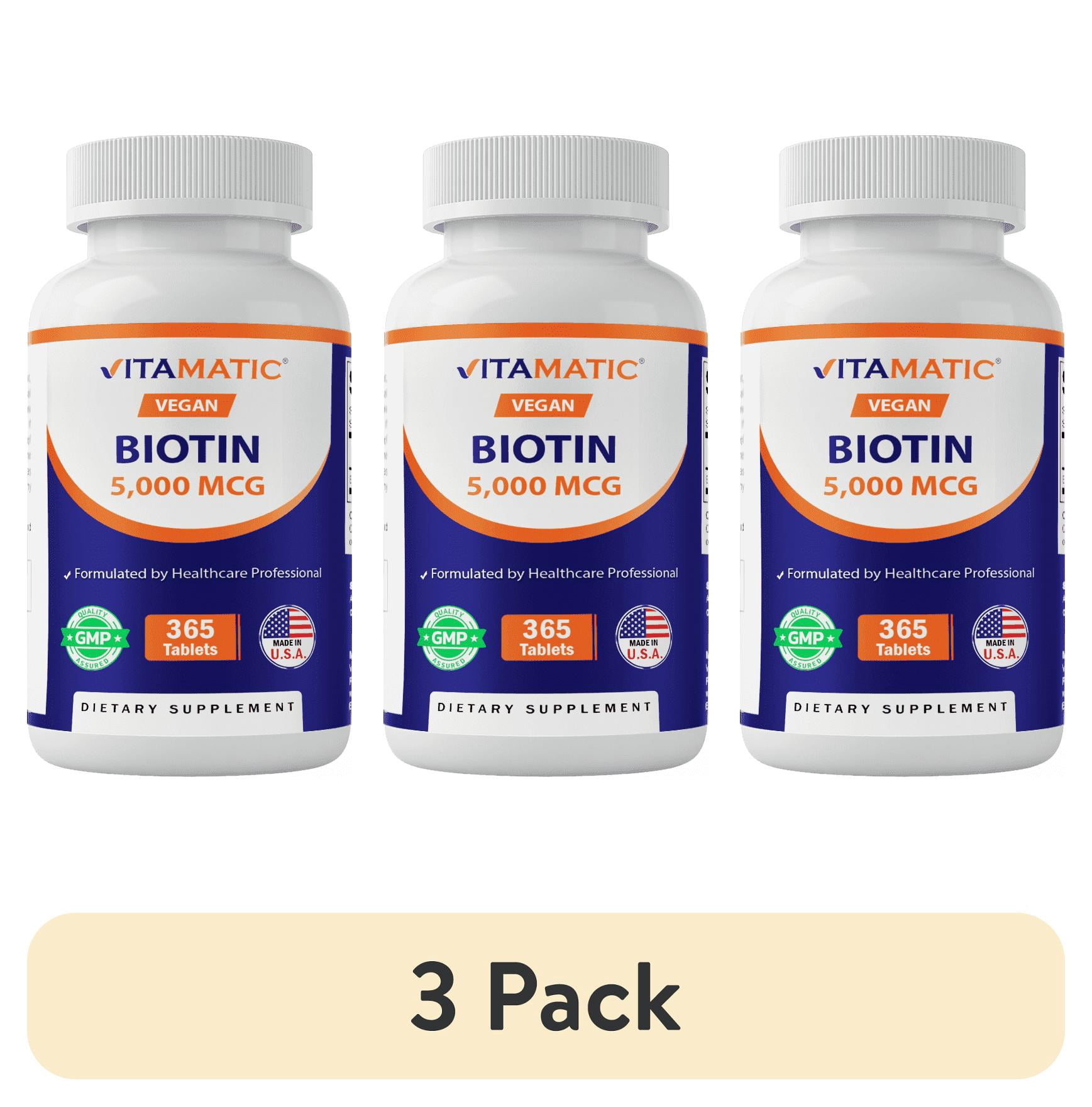 (3 pack) Vitamatic Biotin 5000mcg (5 mg) for Stronger Hair, Skin & Nails - 365 Vegan Tablets- Also Called Vitamin B7