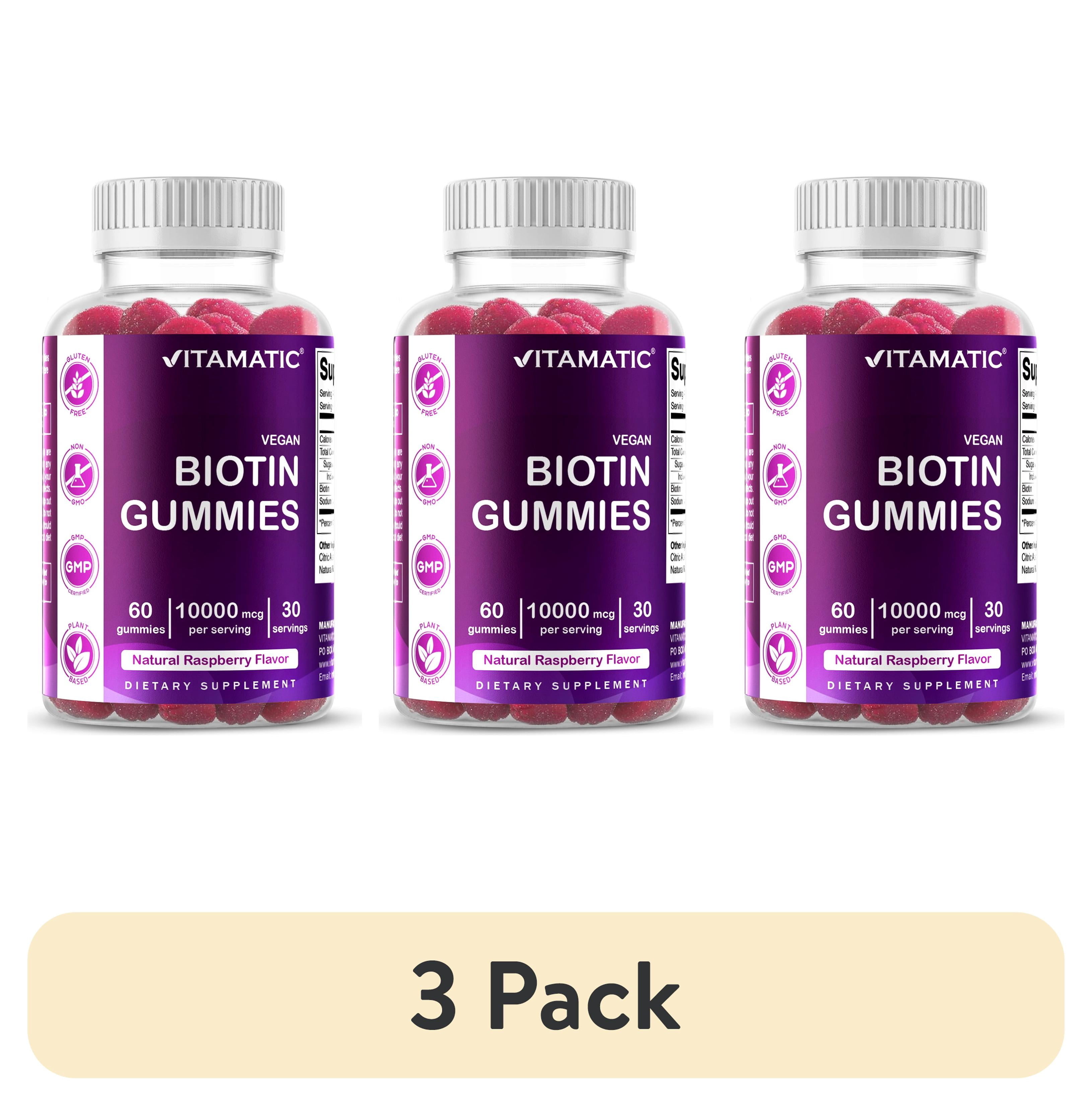 (3 pack) Vitamatic Biotin Gummies 10,000 mcg for  Hair, Skin & Nails Supports - 60 Vegan Gummies - Also Called Vitamin B7