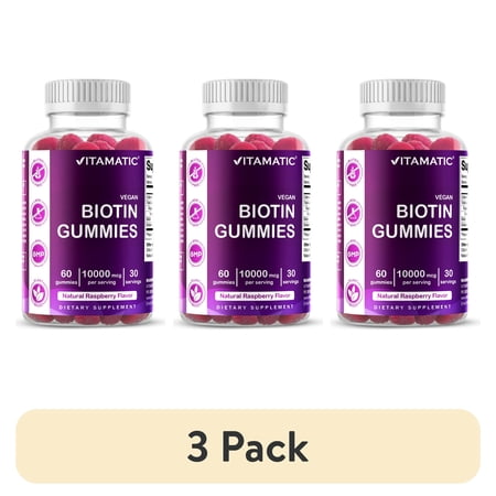 (3 pack) Vitamatic Biotin Gummies 10,000 mcg for Hair, Skin & Nails Supports - 60 Vegan Gummies - Also Called Vitamin B7