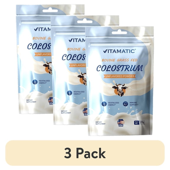 (3 pack) Vitamatic Bovine Colostrum 30% IgG Powder - Supplement for Gut Health, Hair Growth, Beauty, Muscle Recovery, & Immune Support - Easy to Mix - 180 Gram 90 Servings (Unflavored)