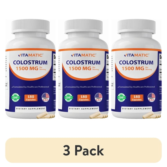 (3 pack) Vitamatic Bovine Colostrum 30% IgG Supplement 1500 mg per Serving - Supplement for Gut Health, Hair Growth, Beauty, Muscle Recovery, & Immune Support - 180 Veg Capsules