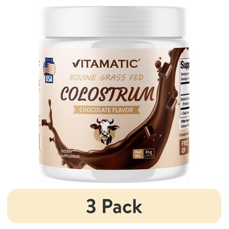 (3 pack) Vitamatic Bovine Colostrum Powder - Supplement for Gut Health, Hair Growth, Beauty, Muscle Recovery, & Immune Support - Easy to Mix - 30 Servings (Chocolate)