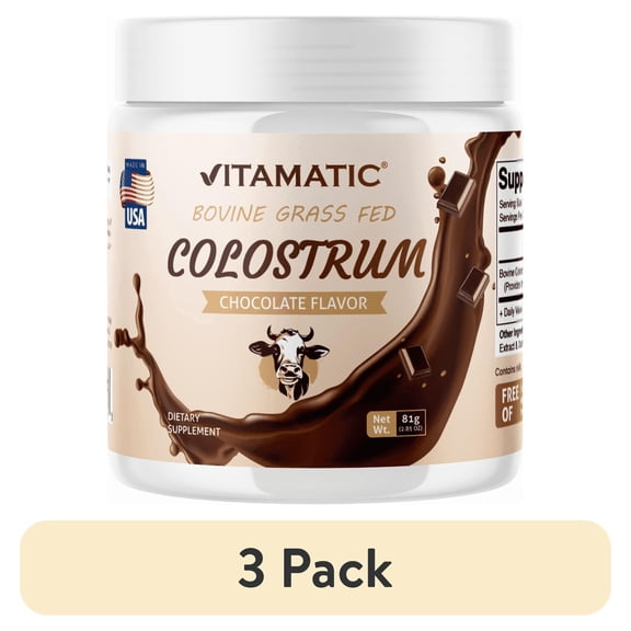 (3 pack) Vitamatic Bovine Colostrum Powder - Supplement for Gut Health, Hair Growth, Beauty, Muscle Recovery, & Immune Support - Easy to Mix - 30 Servings (Chocolate)