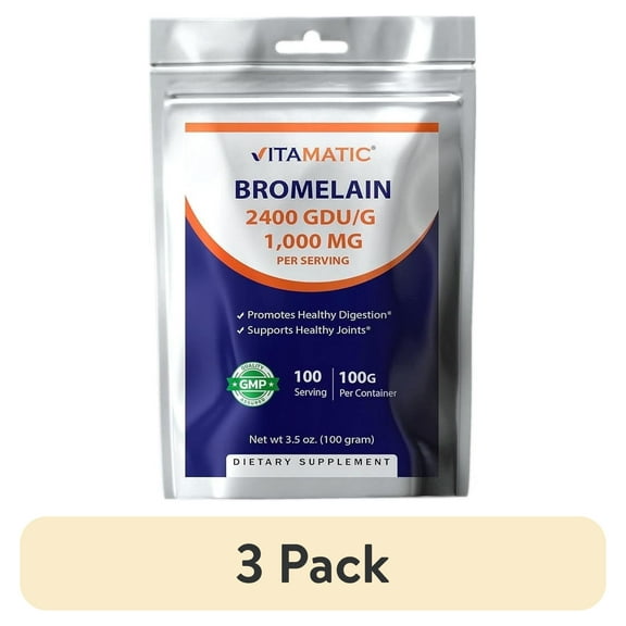 (3 pack) Vitamatic Bromelain Powder, 1000mg, Supports Digestion, 100 Grams