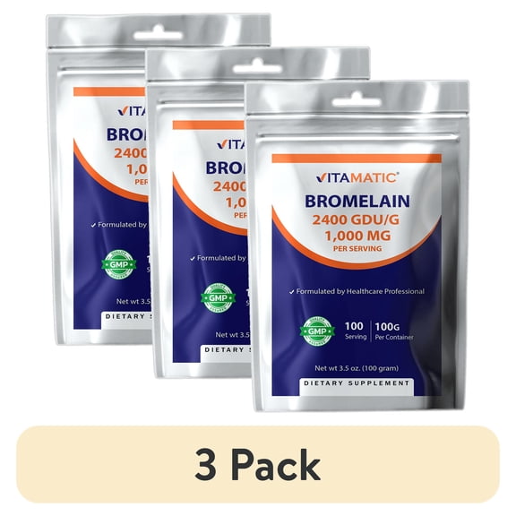 (3 pack) Vitamatic Bromelain Powder, 1000mg, Supports Digestion, 100 Grams